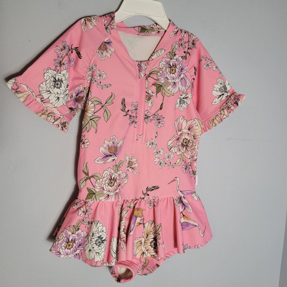 Seafolly Pink Floral Short Sleeve Boyleg Tank Size 3